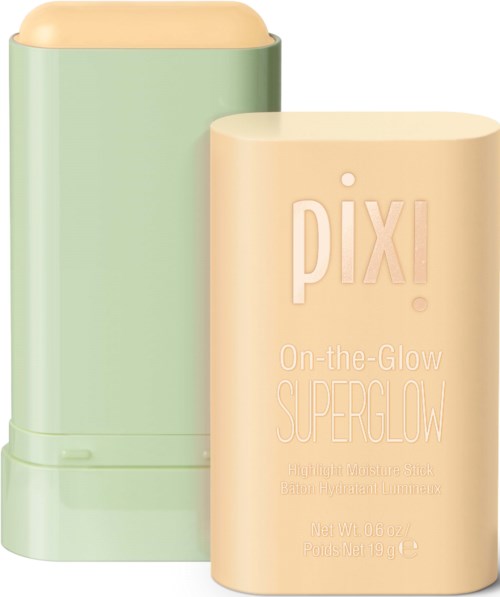 A light green container and a beige stick with pink text, for skin glow and hydration.
