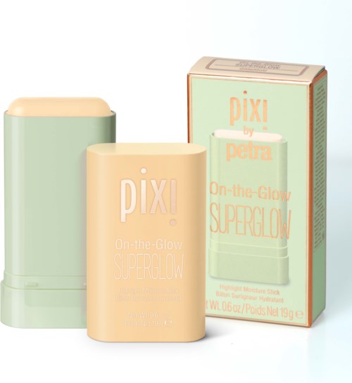 A skincare product called Pixi on-the-Glow Superglow in a beige container, with a box behind it.