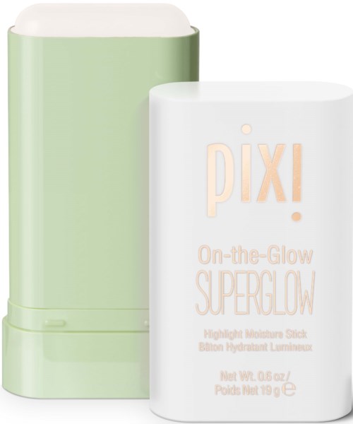 A green cosmetic container and a white lipstick-like product box with pinkish text.