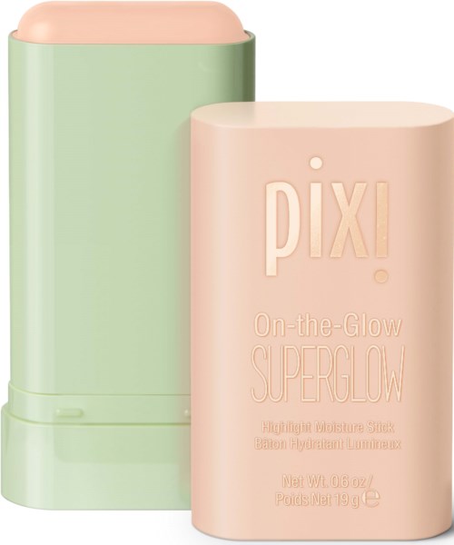 A green and pink stick of makeup or skincare product, labeled 'Pixi Super Glow' and 'On-the-Glow'.