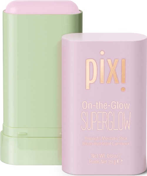 Pink and green stick with label for Pixi superglow highlight moisture stick.