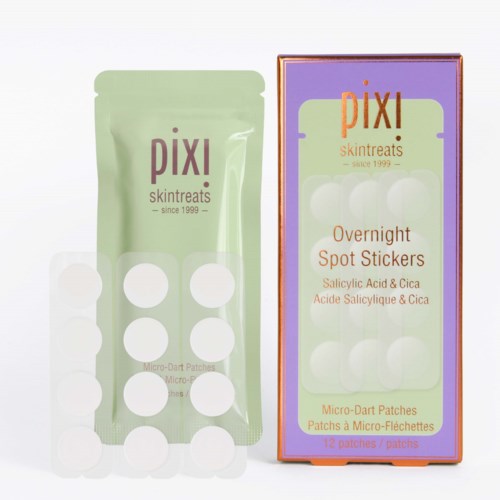 A box of Pixi skincare patches and a pack of patches with some on the packaging. Simple, colorful design.