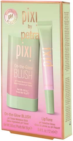 A pink and green box contains a blush and lip tone product from PETRA's PIXI collection.