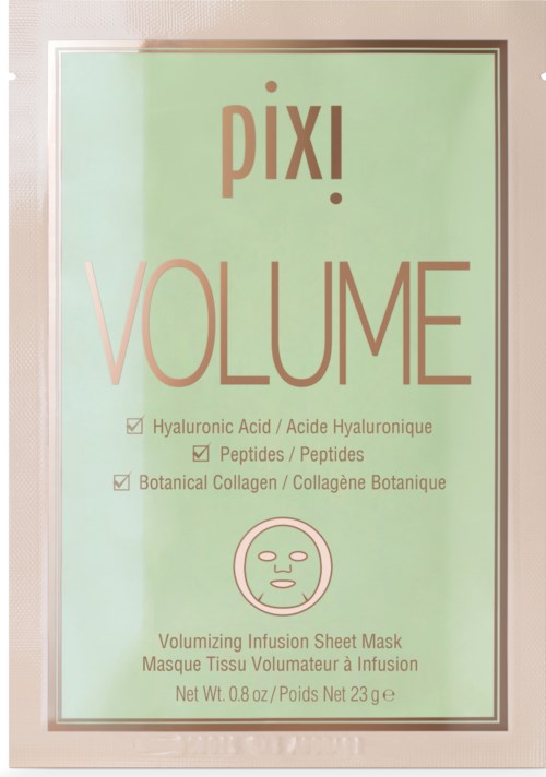 Schild für ein Hautpflegeprodukt namens VOLUME mit Inhaltsstoffen wie Hyaluronsäure, Peptide und botanisches Kollagen sowie einer Gesichtsmaske.