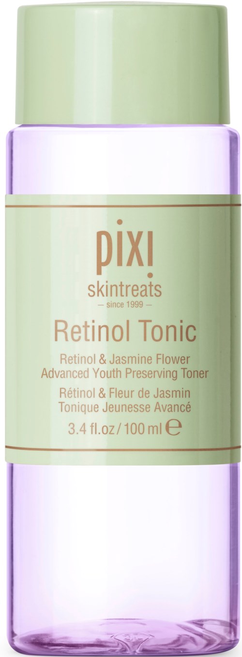 En flaska Pixi Retinol Tonic med grönt och lila färger, märkt för hudvård med retinol och jasminblomma.