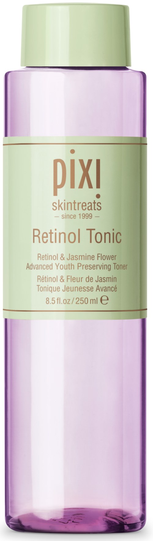 Eine lange, pastelllila Flasche mit grünem Deckel, beschriftet als Pixi Retinol Tonic mit Blütenextrakten.