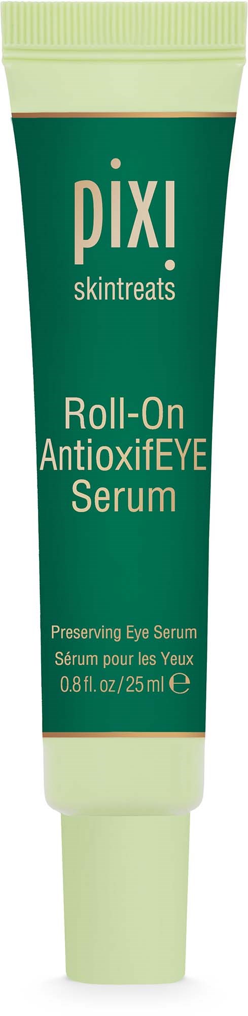 Eine Tube mit Pixi Hautpflege Roll-On-Augenserum mit etikett in Grüntönen. Es ist für die Augenpflege.