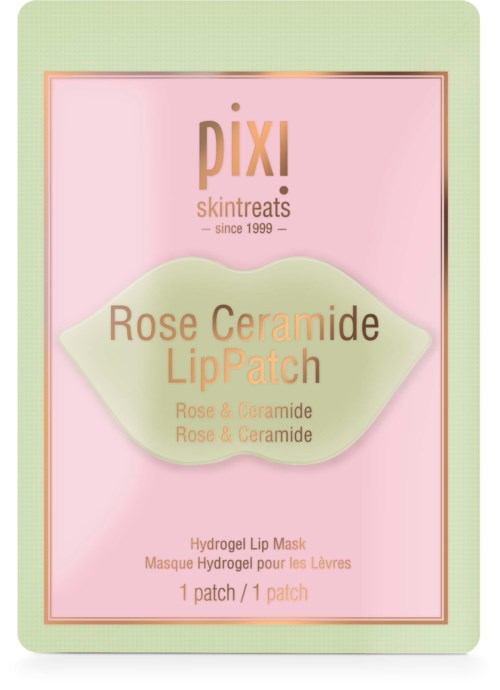 Verpakte voor een lippatch met rozen en keramische ingrediënten, in roze en groen.