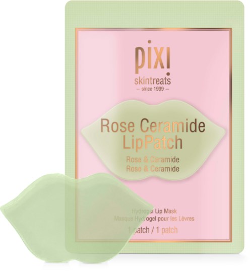 Een doos met rozenkleurige lippatches van Pixi, vormgegeven als lippen, voor huidverzorging, met zachte pastelkleuren en eenvoudige tekst.