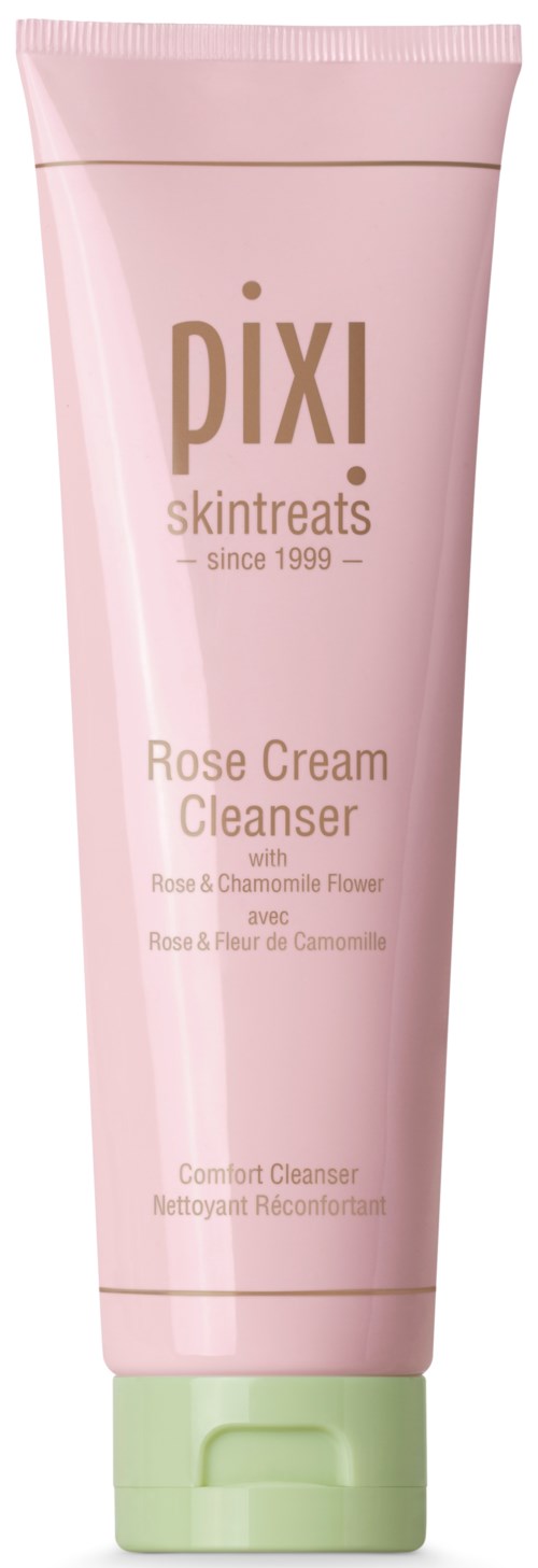 A pink tube of Pixi Rose Cream Cleanser with a green cap, labeled with product information.