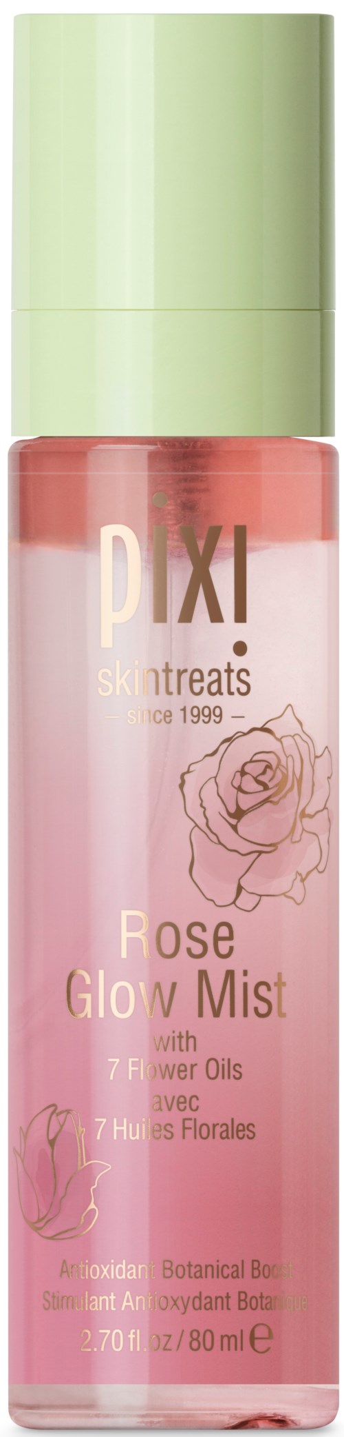En rosa sprayflaska med grönt lock märkt 'Pixi Rose Glow Mist' innehållande rosvatten och blomsteringredienser.