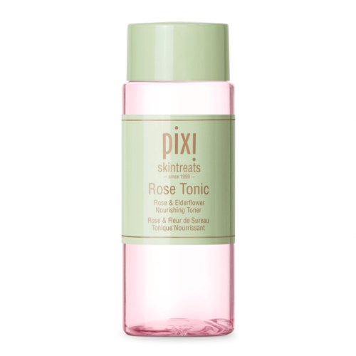 En rosa och grön flaska märkt 'Pixi Rose Tonic' för hudvård. Den är avsedd att näring och tona huden.