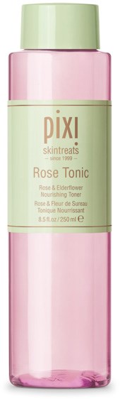 En rosa och grön flaska med Pixi Rose Tonic, en hudvårdstoner med näring, med produktens detaljer på etiketten.