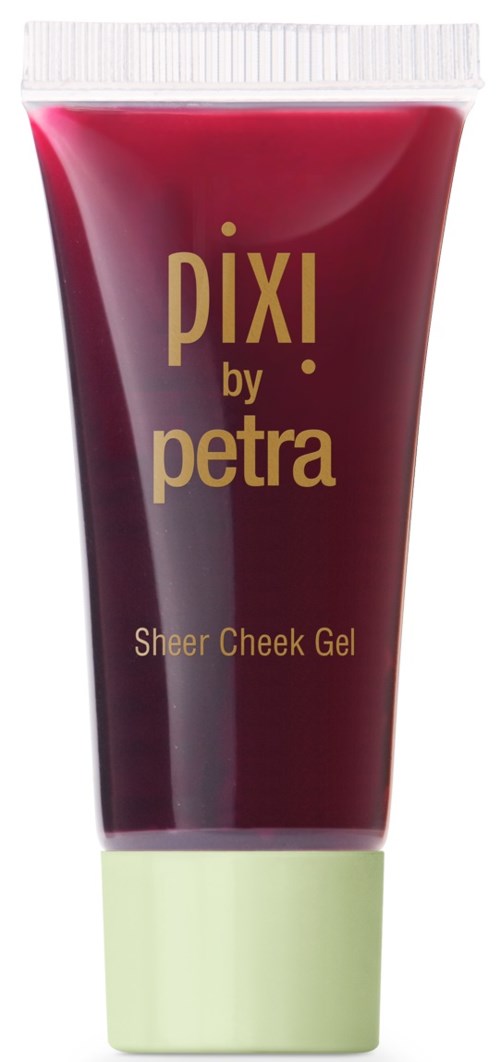 Eine Tube Pixi by Petra Sheer Cheek Gel in Dunkelrot mit hellgrünem Deckel.
