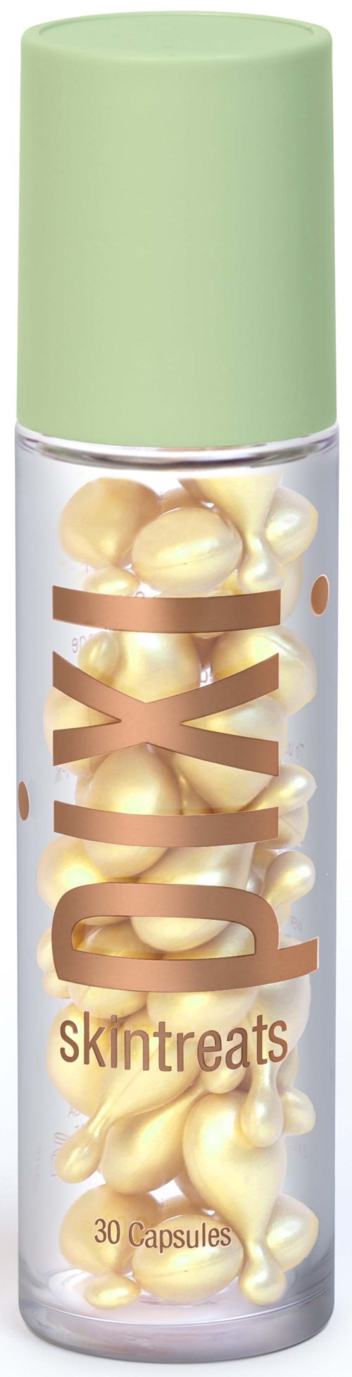 Een doorzichtige fles met gouden capsules binnen, gelabeld "Doxy Skin Treats" en een groene dop.