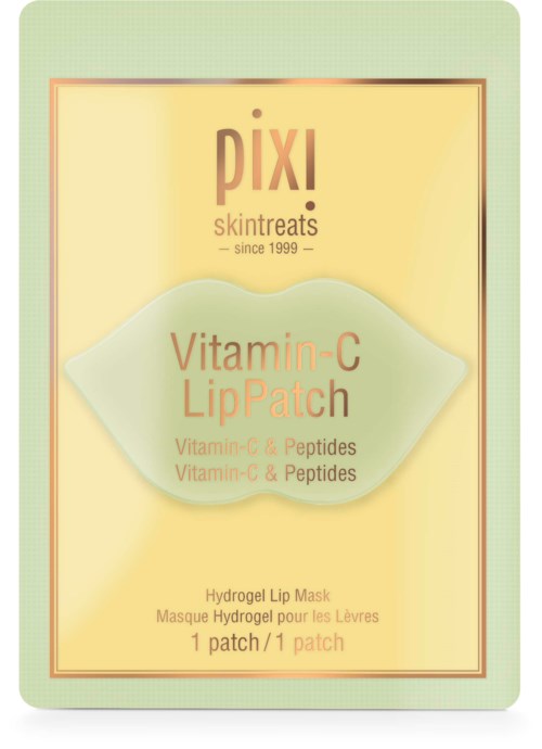 Eine Hautpflegepackung mit einem Vitamin-C-Lippenpflaster von PIXI, betont Feuchtigkeitszufuhr und Peptide, für Lippen.