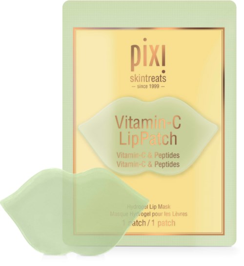 Ein Hautpflegeprodukt namens Vitamin-C Lip Patch von Pixi, in einer gelben Verpackung, hat eine Lippenförmige Packung.