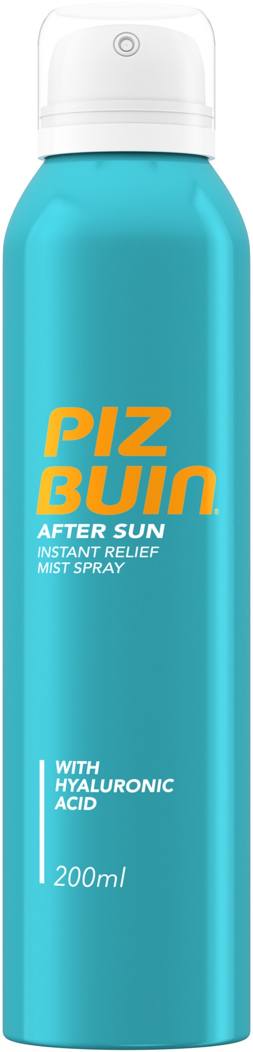 Blue spray can labeled PIZ BUIN after sun, with hyaluronic acid, 200ml, for sun relief.