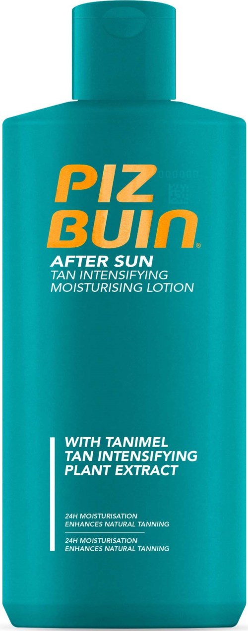A blue bottle labeled 'PIZ BUIN' for sun tanning lotion with additional text about ingredients and benefits.
