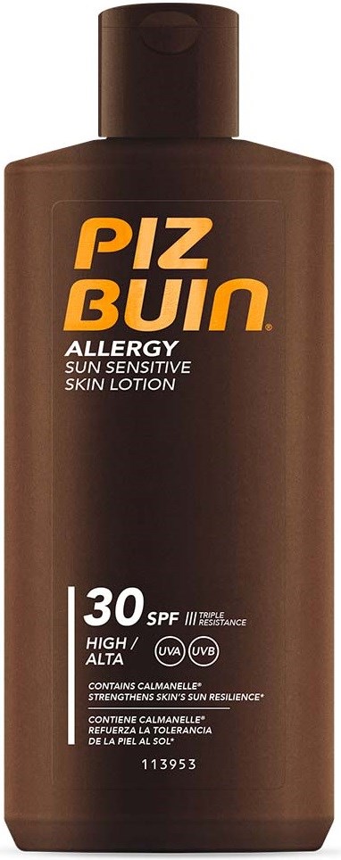 A brown bottle of PIZ BUIN allergy sun-sensitive skin lotion with SPF 30 and UV protection.