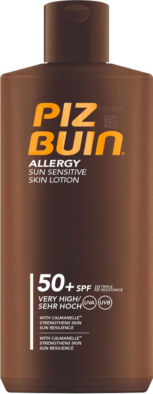 Brown bottle of Piz Buin allergy sun lotion with SPF 50+ for sensitive skin. Contains calamine and offers high UV protection.