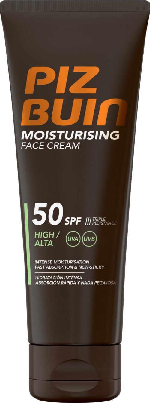 A brown tube of face cream labeled PIZ BUIN, with SPF 50, for high protection, moisturizing and fast absorption.