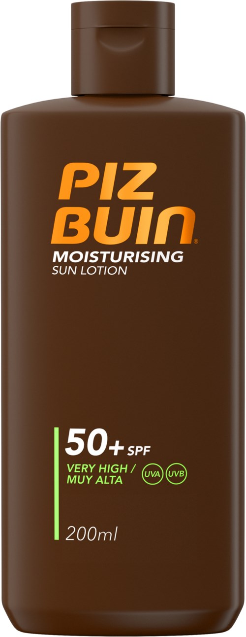 A brown bottle of Piz Buin moisturizing sun lotion with 50+ SPF and UV protection, 200ml size.
