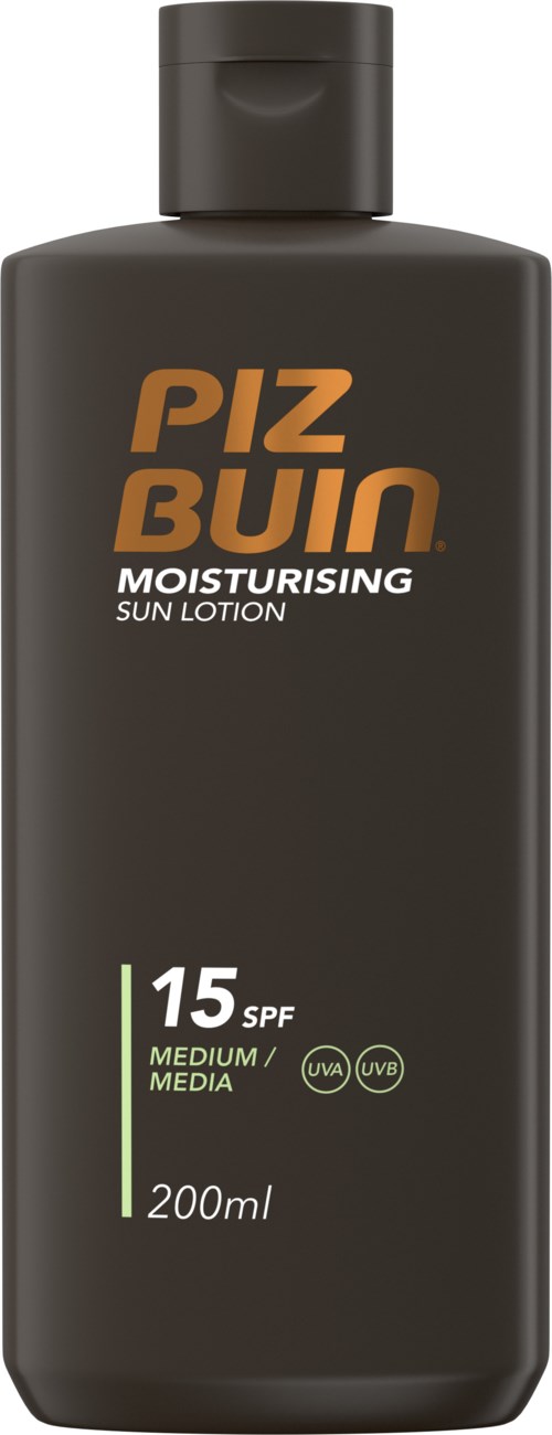 Dark gray bottle with orange and white text, labeled PIZ BUIN, contains sun lotion with SPF 15.
