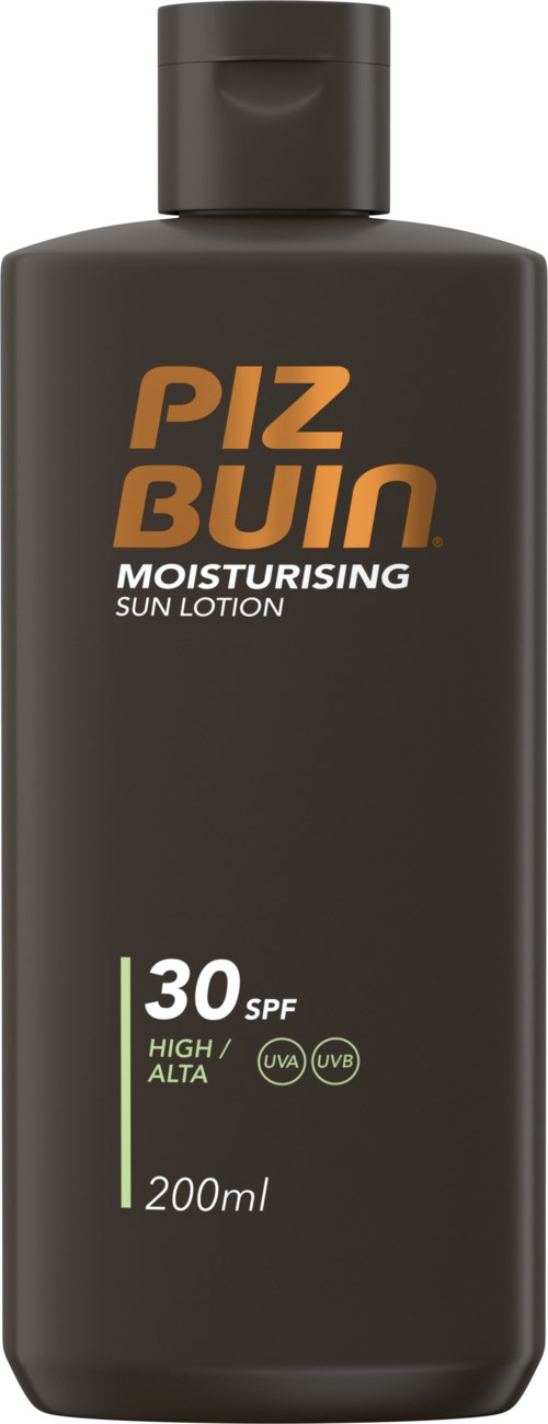 Dark gray bottle with orange and white text, labeled PIZ BUIN, sun lotion, SPF 30, 200ml.