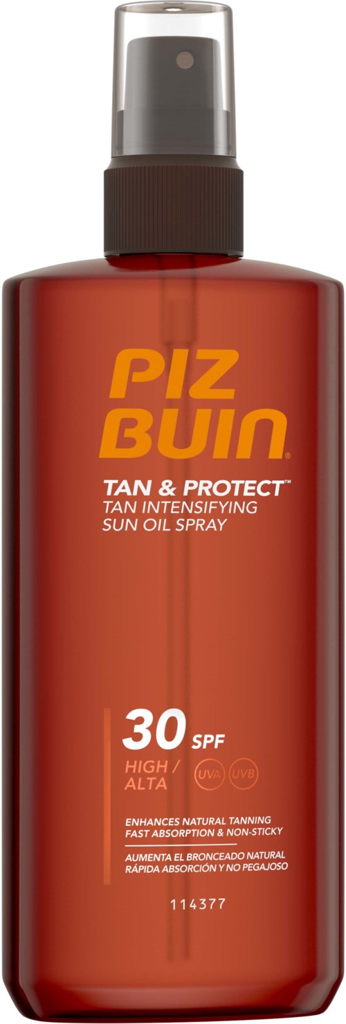 Red bottle of PIZ BUIN sun oil spray with SPF 30 for tanning and protection.