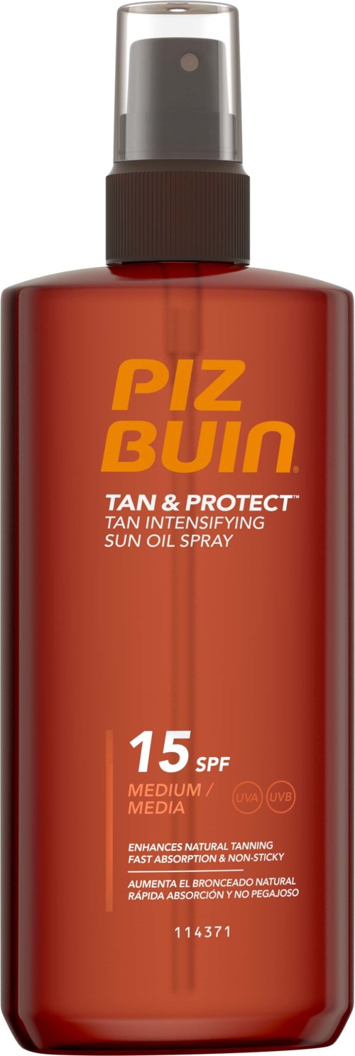 A brown bottle of sun oil spray with a spray top, labeled PIZ BUIN TAN & PROTECT SPF 15.