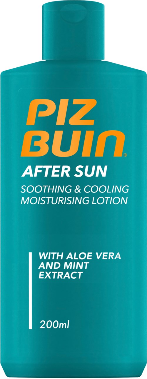 A turquoise bottle of after sun lotion with orange and white text, labeled as soothing and cooling with aloe vera and mint.
