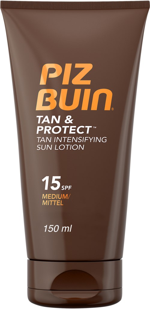 Brown tube of tanning lotion with orange and white text, indicating SPF 15, for medium skin, 150 ml. 