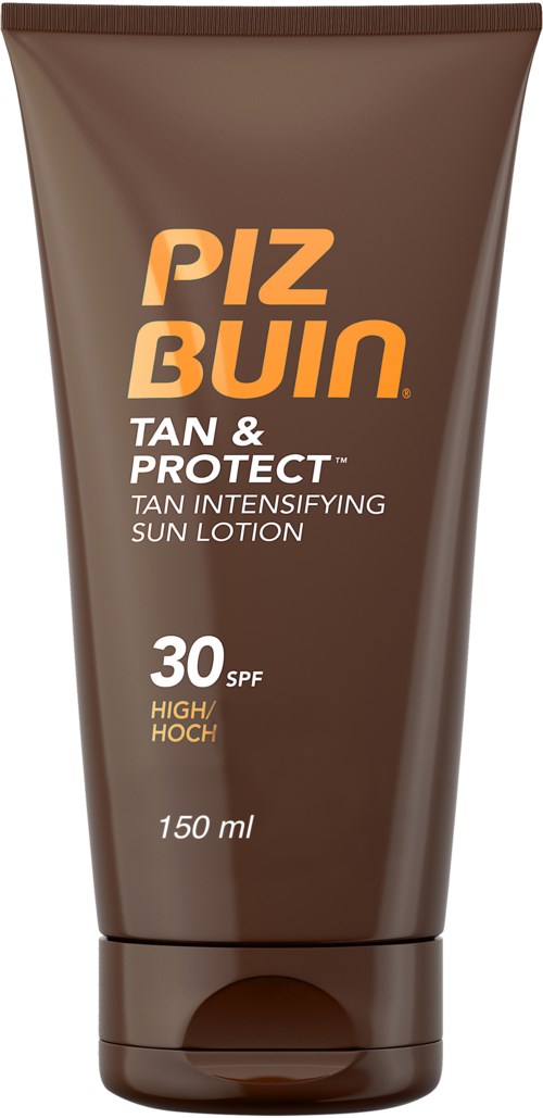 A brown tube of Piz Buin sunscreen with SPF 30 for tanning and protection. It is 150 ml.