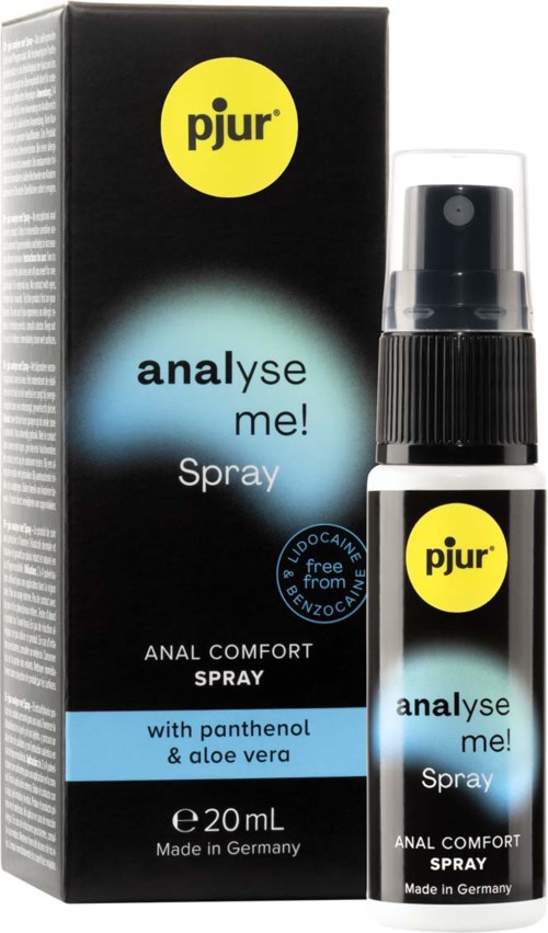 Eine Box und Sprühflasche für Analkomfort, mit blauer und gelber Beschriftung, enthält Panthenol und Aloe Vera.