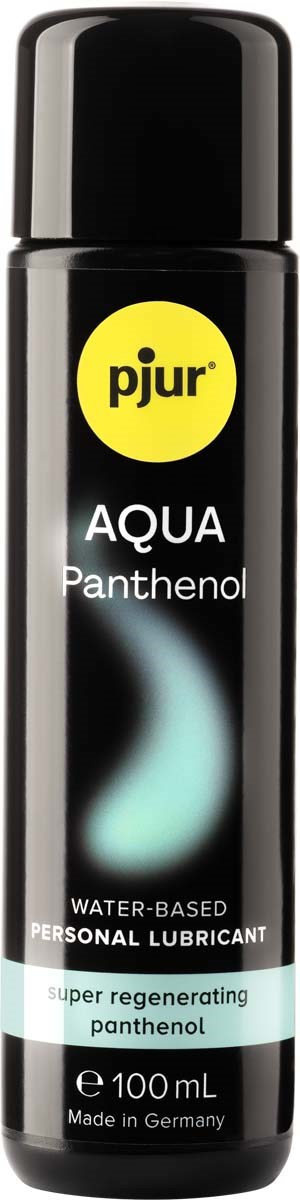 Eine schwarze Flasche mit wasserbasiertem persönlichen Gleitmittel mit gelbem Pjur-Logo und blauer Flammen-Design.