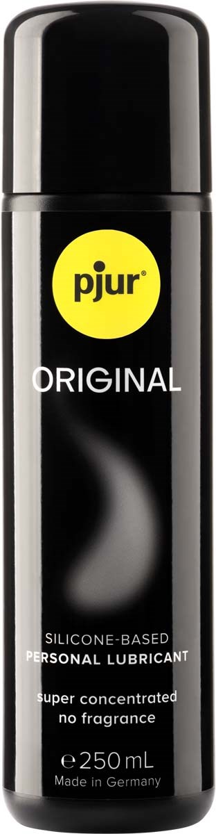 Eine schwarze und silberne Sprühdose mit einem gelben Kreis mit dem Wort 'pjur' und Text über silikonbasiertes Gleitmittel.