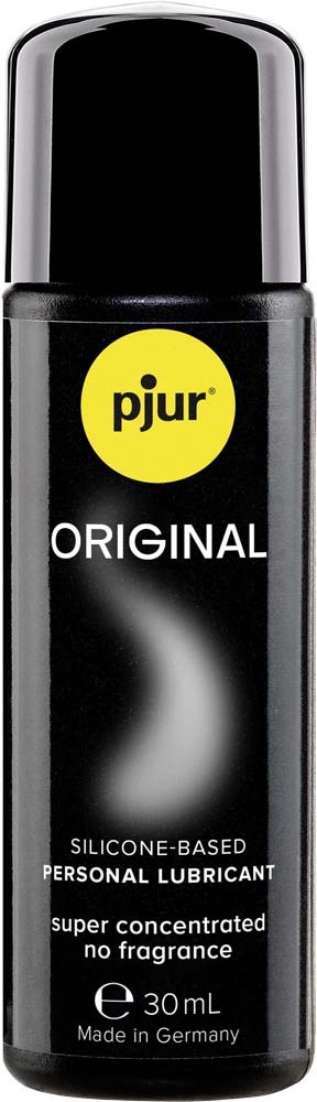 Eine schwarze Flasche mit einem gelben Kreis, auf dem 'pjur' steht, und dem Wort 'ORIGINAL' für persönliche Lubrikation.