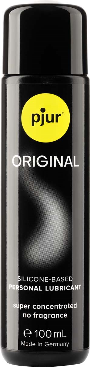 Eine schwarze Sprühflasche mit einem gelben Kreislogo und den Worten 'pjur ORIGINAL'.
