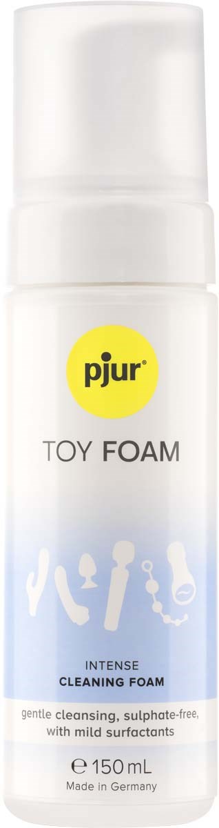 Vita flaskor med gul pjur-logga och blå etikett som heter Toy Foam, mild rengöringsskum med milda tensider.
