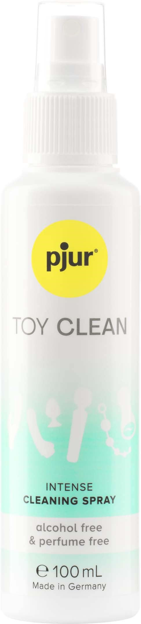 Eine weiße Sprühflasche mit gelbem Kreis und schwarzem Text, markiert 'pjur TOY CLEAN,' zeigt ein Reinigungsmittel für Spielzeuge.