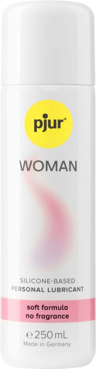 Eine weiße Spraydose mit einem gelben Kreis-Logo, beschriftet 'pjur WOMAN' und Angaben für Gleitmittel.