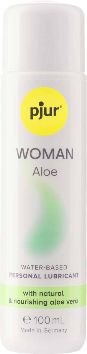 Eine weiße Flasche mit gelbem Etikett, enthält Aloe-basierenden Gleitmittel für Frauen, hergestellt in Deutschland.