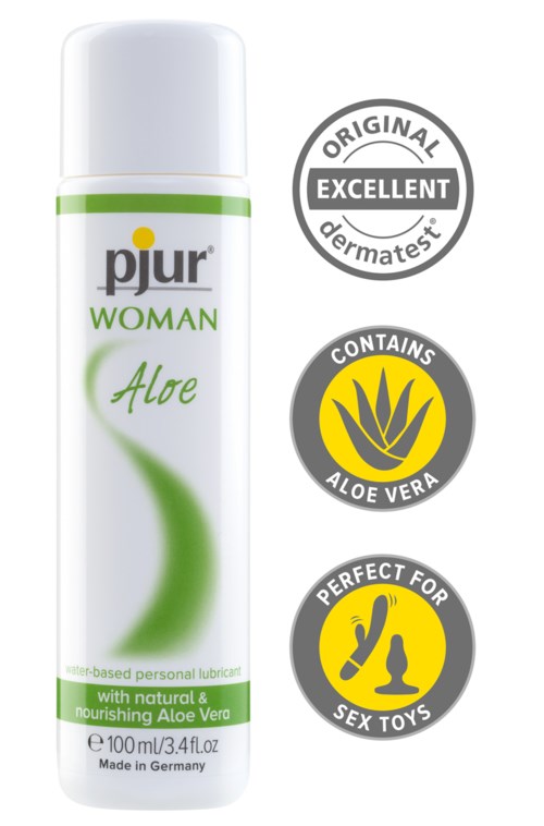 Ein weißer Behälter mit der Aufschrift 'pjur WOMAN Aloe' und Symbolen für natürlich, wirksam und für Sexspielzeug.