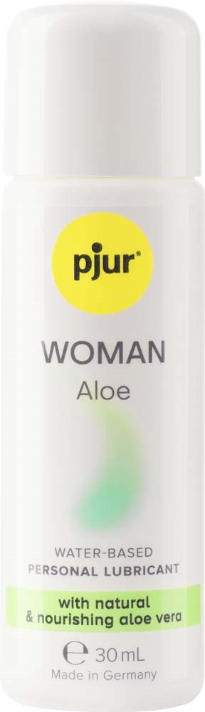Weiße Sprühflasche für Frauen mit Aloe, mit 'pjur WOMAN Aloe' gekennzeichnet, wasserbasiertes Gleitgel, hergestellt in Deutschland.