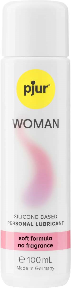 Eine weiße Flasche mit gelber und rosa Beschriftung, steht für 'pjur WOMAN' und 'Silicone-Based Personal Lubricant', enthält 100ml.
