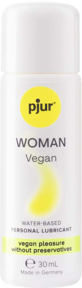 Weißes persönliches Gleitmittel-Spray mit dem Markennamen 'pjur' und den Worten 'WOMAN Vegan'.