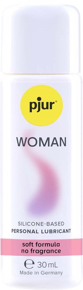 Kleine weiße Flasche mit 'pjur WOMAN'-Aufdruck, gelbe Kreislogo, enthält Gleitmittel, 30 mL, hergestellt in Deutschland.