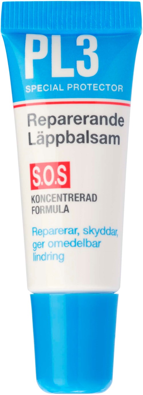 A tube of repair ointment with blue and white colors, labeled PL3, SOS, and special protector. It helps heal and protect.