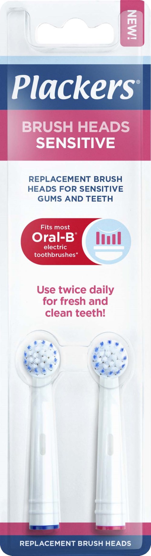 Two white brush heads for sensitive teeth, in a plastic package, meant for oral-B electric toothbrushes.